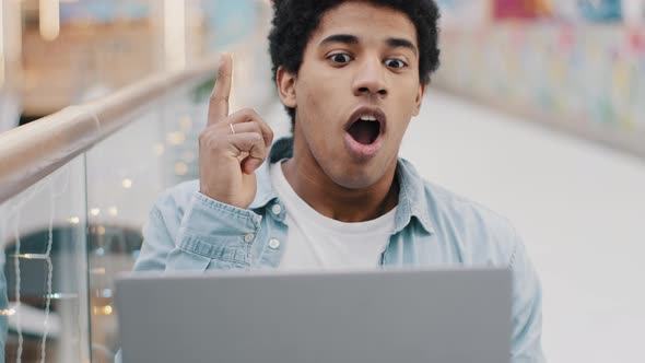 Portrait African Inspired Man Freelancer with Laptop Working Thinking Searching Problem Solution