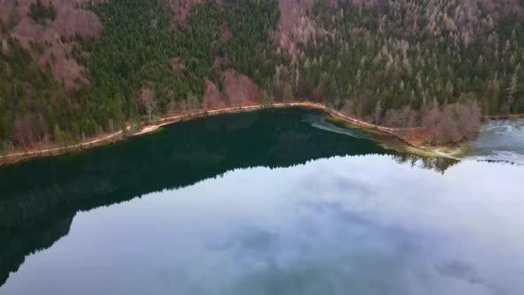 Beautiful Drone View on the Lake Langbathsee in Austria in Autumn