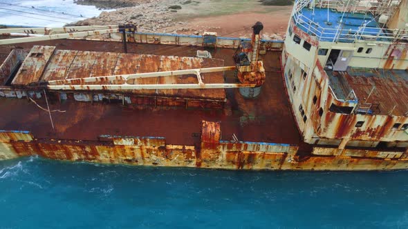 Wreck Sunken Ship in the Sea or Ocean Environmental Disaster Old Rusty Ship in Storm Sea Water