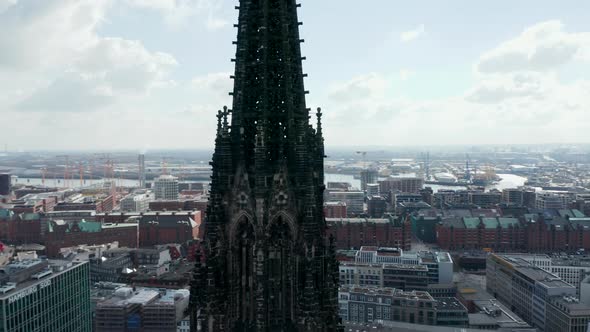 Close Up Aerial Orbit of Old Gothic St Nikolai World War Memorial Church Ruins in Hamburg City