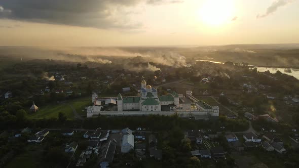 Aerial Shot Village Mezhyrich. Holy Trinity Monastery Of The Upc. Ukraine