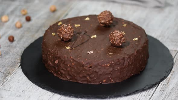  French mousse cake with with chocolate glaze. Modern european cake pastry.	
