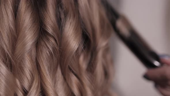Closeup of the Stylist Performs a Curl of Light Hair