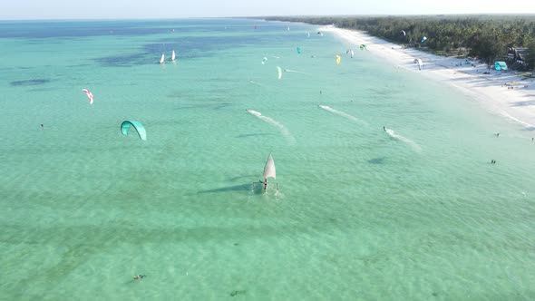 Zanzibar Tanzania  Kitesurfing Near the Shore Slow Motion