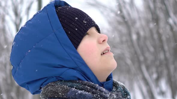 Portrait Young Teenage Boy Enjoying Snow in the Winter Forest, Snow Falls