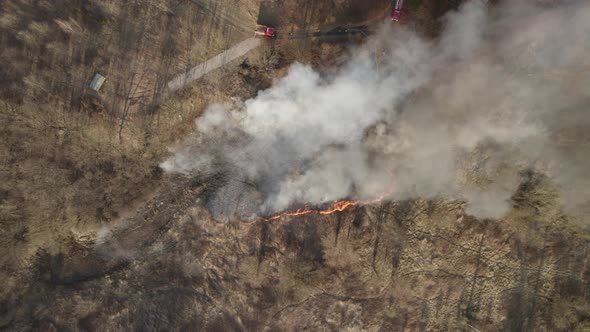 Aerial shot of the wildfire in the suburban area - two fire engines fighting with natural disaster