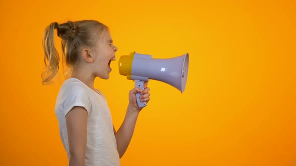 Tired Preteen Girl Shouting in Megaphone, Relieving Stress, Children Rights