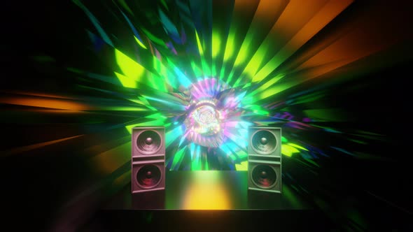 Abstract Multicolor Psychedelic Hypnotic Technology VJ Loop Background With Flying Stage Speakers