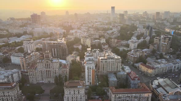 Ukraine, Kyiv : City Center in the Morning at Sunrise. Aerial View. Kiev.