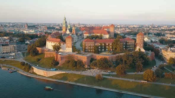 Aerial View of Royal Wawel Cathedral and Castle in Krakow, Poland, with Vistula River, Park, Yard