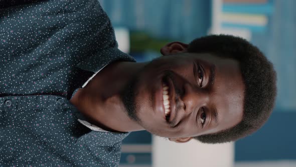 Vertical Video Close Up Portrait of Charming Handsome African American Man Smiling to Camera