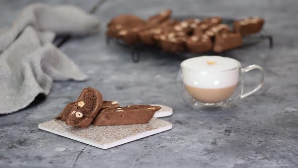 Close Up of Homemade Chocolate and Hazelnuts Cookies Traditional Italian Biscotti or Cantucci