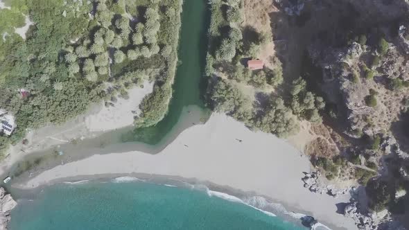 Drone aerial view Preveli lagoon river Crete