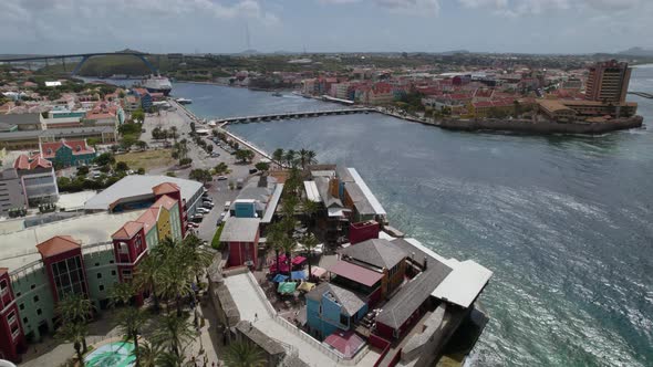 Aerial establishing shot of the center of Willemstad, capital of Curaçao island in the Caribbean