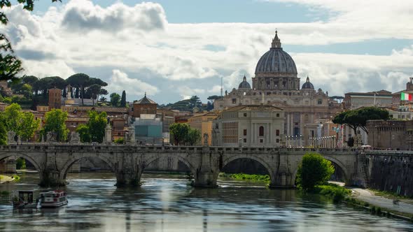 Time Lapse River Tiber in Rome and St Peter’s Basilica in Vatican City