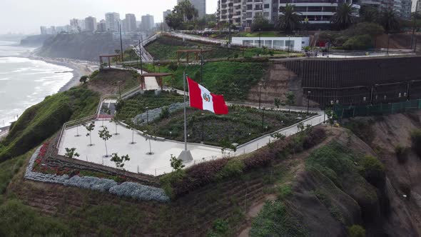 Drone video of "Parque Bicentenario" park in Miraflores, Lima, Peru. Park is on edge of the cliff, w