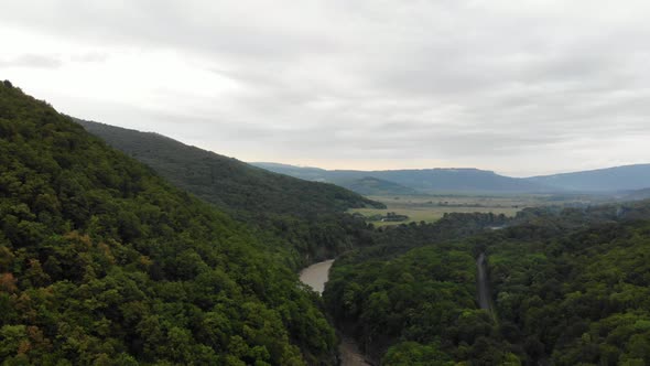 Aerial view to the asphalt road in mountains. Aerial view of the Canyon.