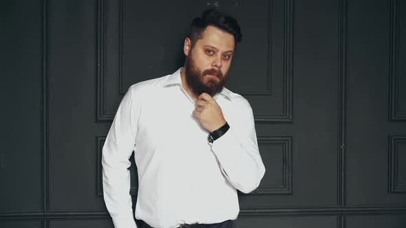 Brutal man in studio. Young casual bearded man posing in studio