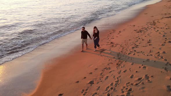 Aerial shot of a couple walking their dog on the beach