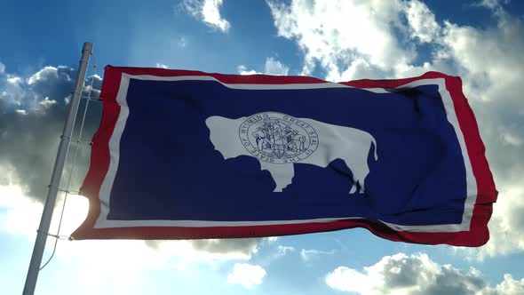 Wyoming Flag Flagpole Waving Wind Blue Sky Background