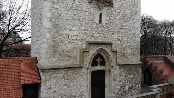 Aerial footage of the St. Florian's Gate in Krakow Poland