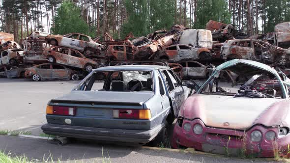 Irpin Bucha District Ukraine a Dump of Shot and Burned Cars