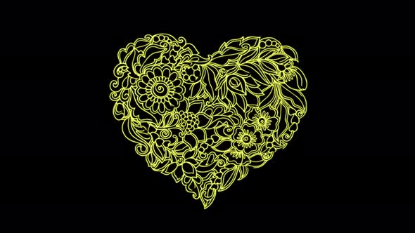 Yellow heart with graphic flowers inside with an animated outline in 4k. Awesome 2d animation.