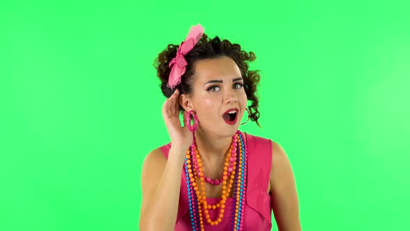 Woman Holding Hand Near Ear Trying To Listen To Interesting News Expressing Wow Communication