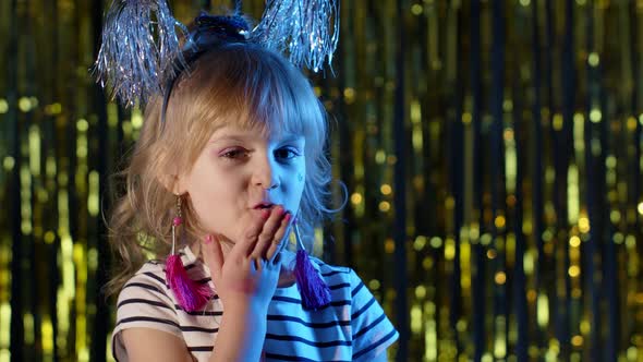 Portrait of Trendy Stylish Girl Looking at Camera Smiling Child Kid in Neon Light at Disco Club