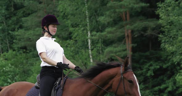 Woman Rider on Horseback Riding in a Clearing Near the Forest, Horse Walking Along a Forest Path