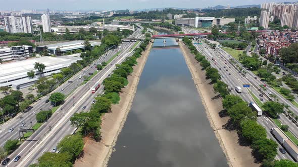 Downtown Sao Paulo Brazil. Landmark highway road. Offices buildings.