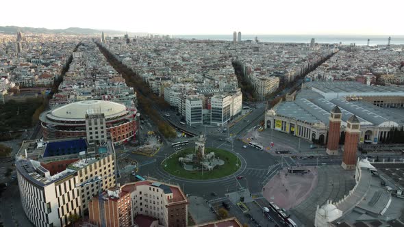 Aerial View of Barcelona with Spain Square and Populous Housing Areas