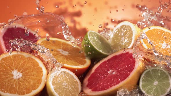 Slow Motion Shot of Citrus Fruits and Water Splashing Through Lemon Lime Grapefruit Slices