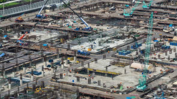 Time Lapse of Construction Site with Heavy Construction Machinery in Metropolis