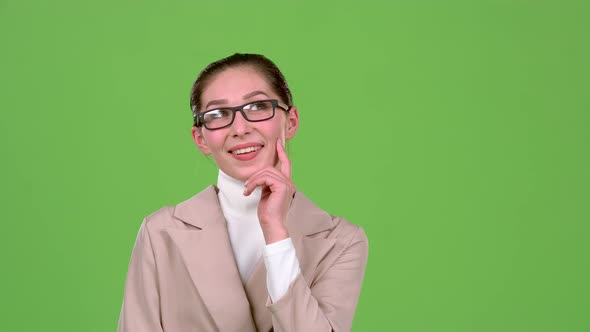 Girl Reflects on the Working Moments. Green Screen. Slow Motion