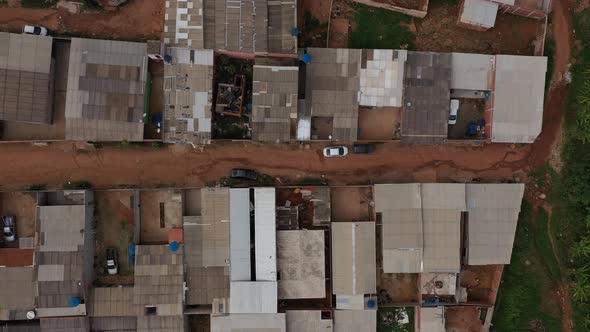 The red dirt streets of the Sol Nascente favela - top down aerial view