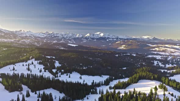 Sunrise in Tatra mountains in Poland, aerial view at winter