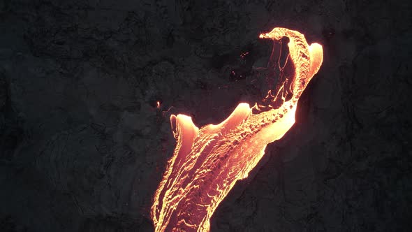 Drone Over Flowing River Of Molten Lava From Erupting Volcano