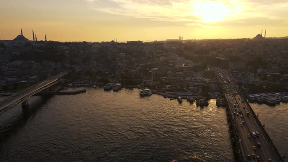 aerial view in istanbul golden horn with amazing sunset