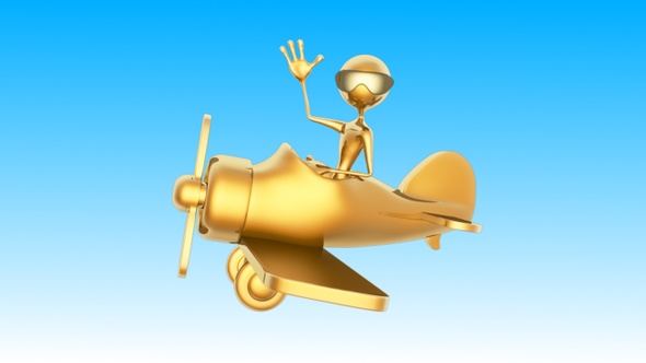 Gold Man 3D Character - Flight on Airplane