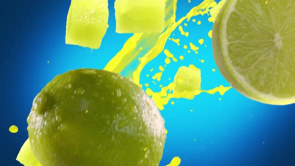 Lime with Slices Falling on Blue Background