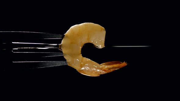 freshly cooked juicy shrimp on a fork poured with oil, on a black background. vertical video