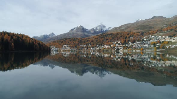 Aerial view of St. Moritz with Lake St. Moritz in autumn, Switzerland