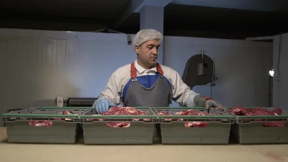 Portrait of Adult Butcher in White Uniform and Blue Apron in Meat Manufacturing