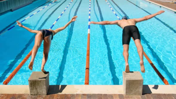 Male and female swimmer preparing to dive in pool 4k