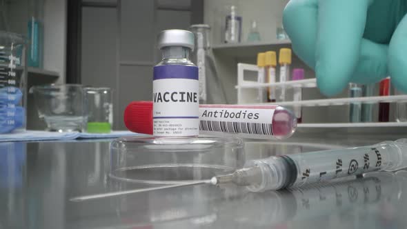 Vaccine and antibodies vial in medical lab with syringe placed