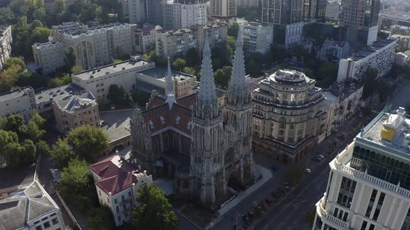 Aerial View of Gothic Style Cathedral in the Summer. Saint Nicolas Church in Kyiv, Ukraine. Roman