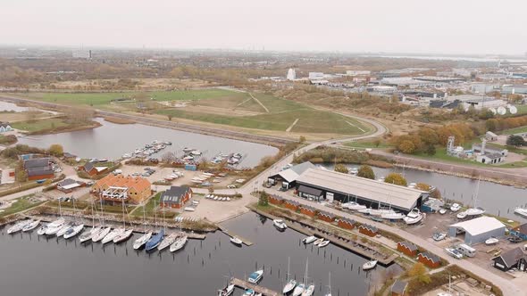 Aerial Footage Of Brondby Havn Harbour In Copenhagen On A Cloudy Day 