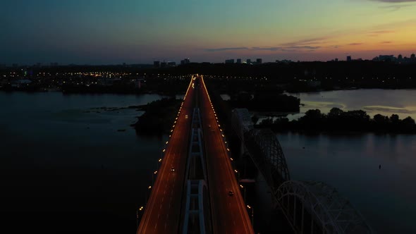 Aerial View of Illuminated City Bridge in the Night