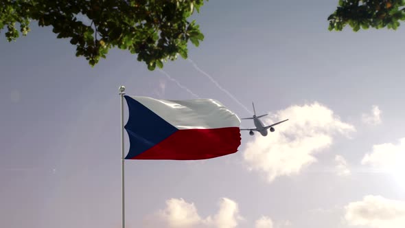 Czech Republic Flag With Airplane And City -3D rendering